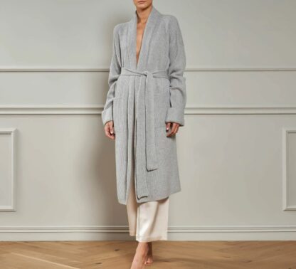 long, grey, wool cashmere open front robe